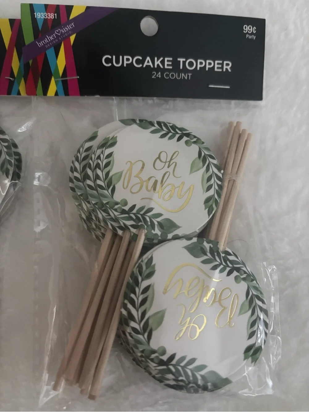 Oh Baby Green Leaf Cupcake Toppers - Gold Script 24 Count) FREE GIFT Final Sale